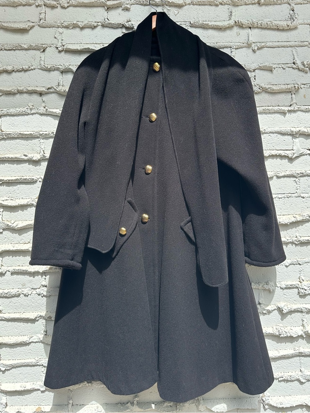 Vintage 80s Pure Wool Collarless Coat & Matching Scarf Set - Gold Buttons XL